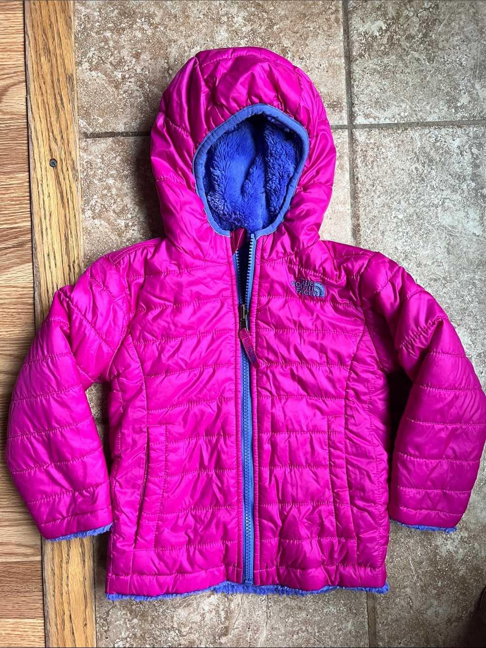 The North Face Hot Pink Puffer Jacket with Purple Hood Lining - Picture 3 of 5